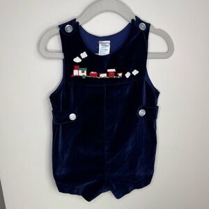 Vintage Velour Baby Boy Navy Christmas Train Romper Size 6-9M